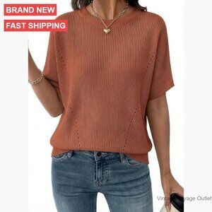 Lightweight Rib-Knit Pullover V-Neck Top Short Sleeve Business Casual Blouse